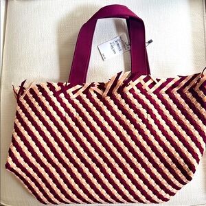 Naghedi Burgundy and Cream Chevron Tote Bag